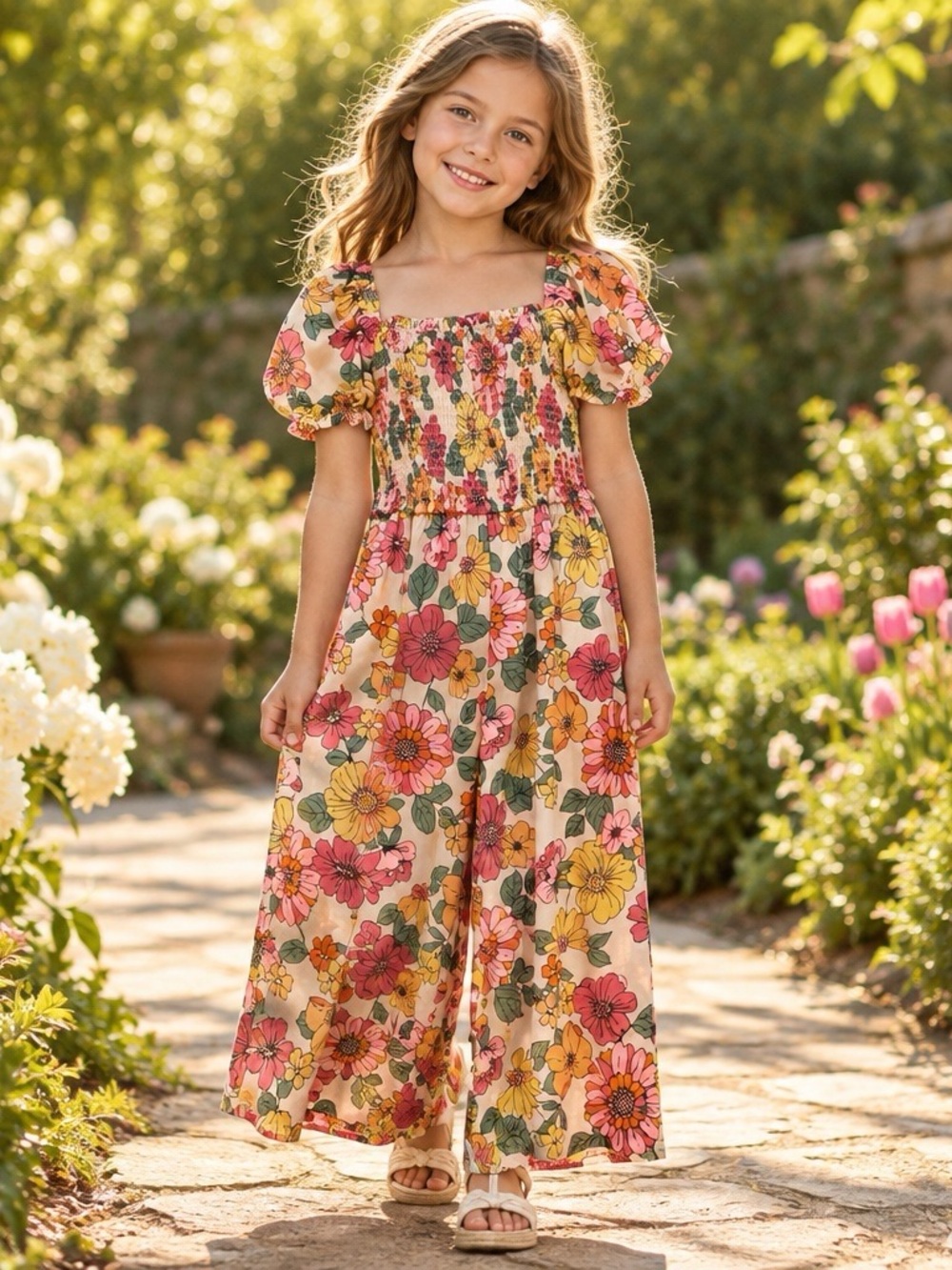 FabKids Girls Size 8 Floral Smocked Puff Sleeve Wide Leg Jumper
